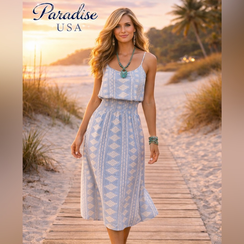 Paradise USA,Boho Smocked Dress Blue White Geometric Resort Beach Vaca,Size M
